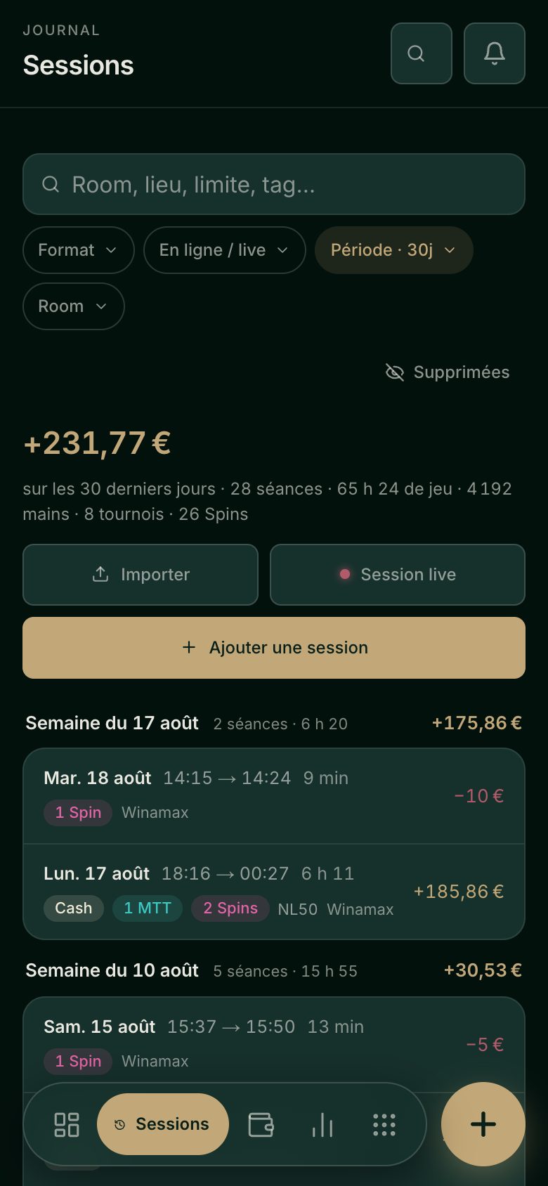 Capture réelle de la page Sessions de Variqo sur téléphone