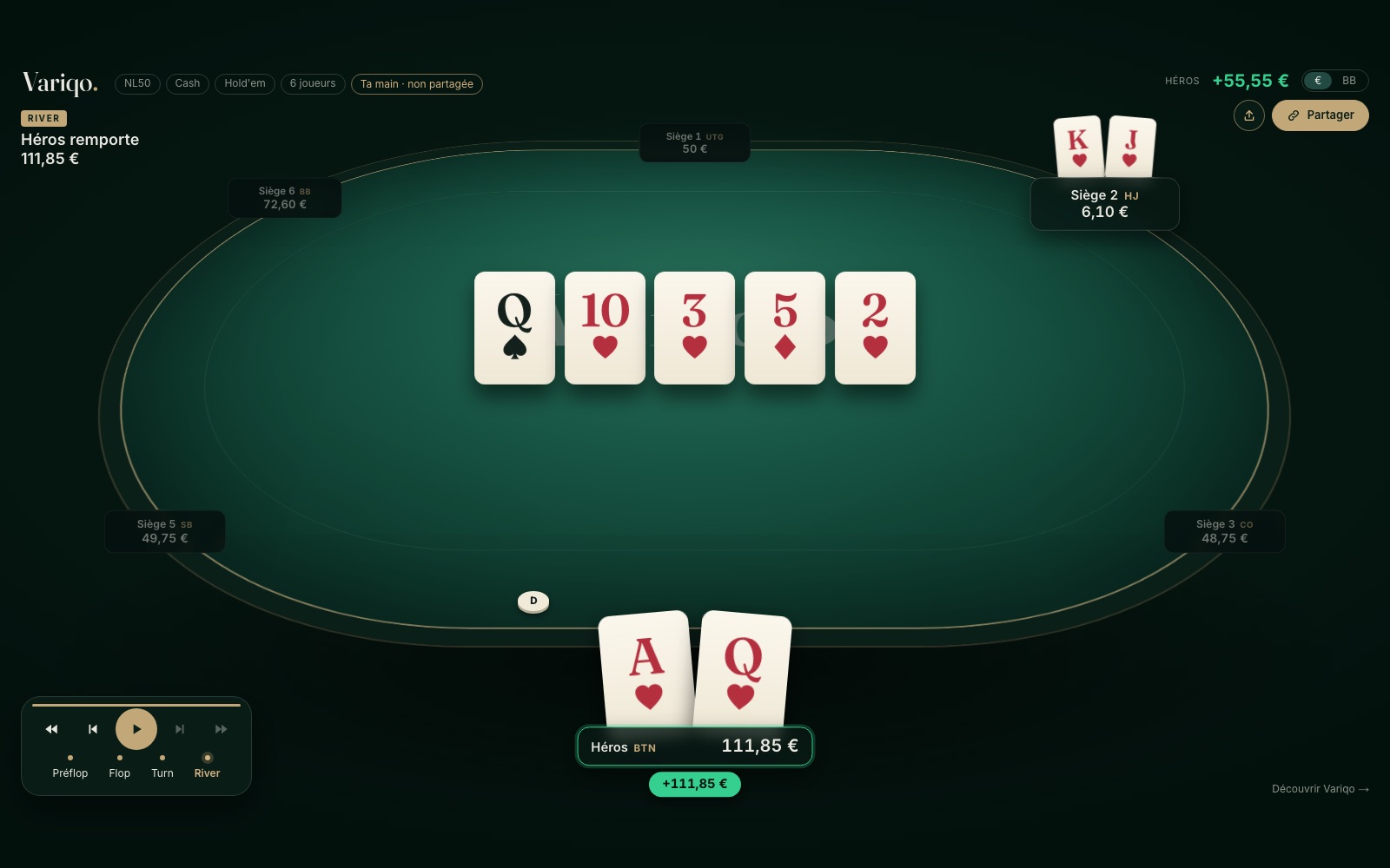 Le replayer Variqo : une main rejouée sur la table, à la river